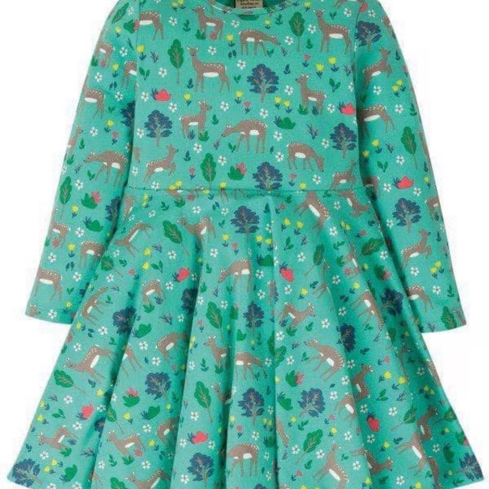 Frugi Green Woodland Deer Nature Print Dress Sz 5-6